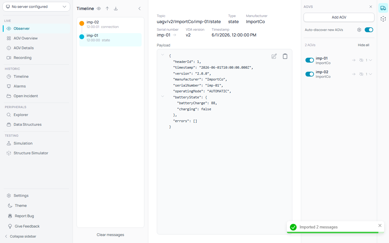 Imported VDA messages in the Observer timeline