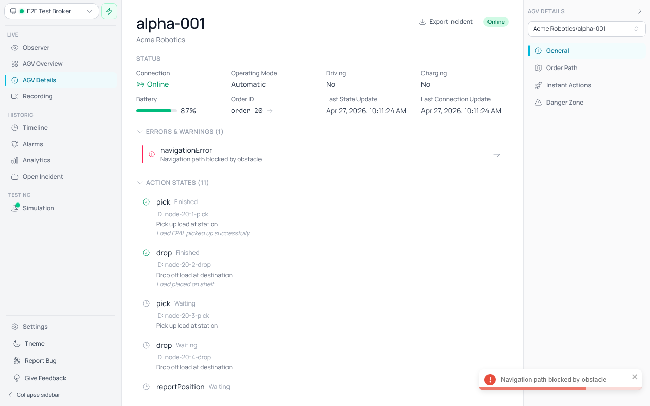 Fletr AGV details page showing connection status, battery level, errors, and action states for a single AGV