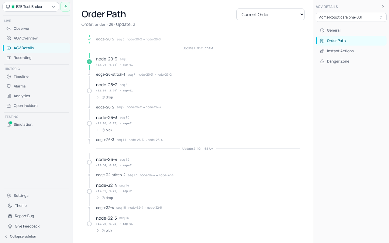 Fletr order path timeline showing completed, active, and planned nodes and edges for a VDA5050 order