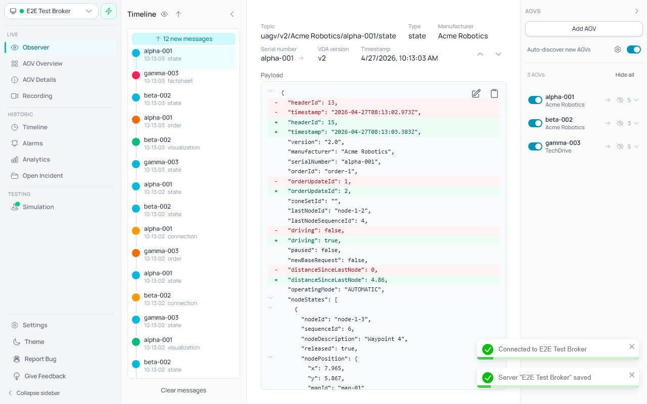 Fletr observer view showing real-time VDA5050 MQTT messages with AGV sidebar and payload details