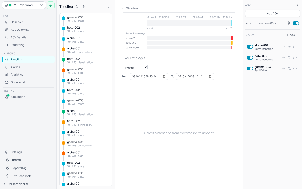 Fletr timeline view with horizontal error and warning lanes showing VDA5050 issue durations